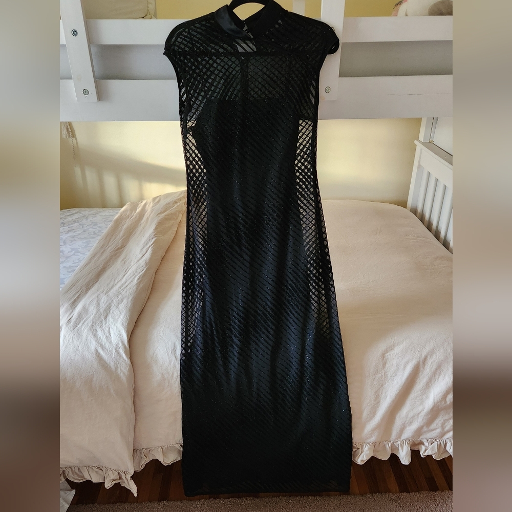 Vtg 90s CDC Evening Dress Velvet Asian Collar Sheer Shimmer Goth Gown Grunge 6